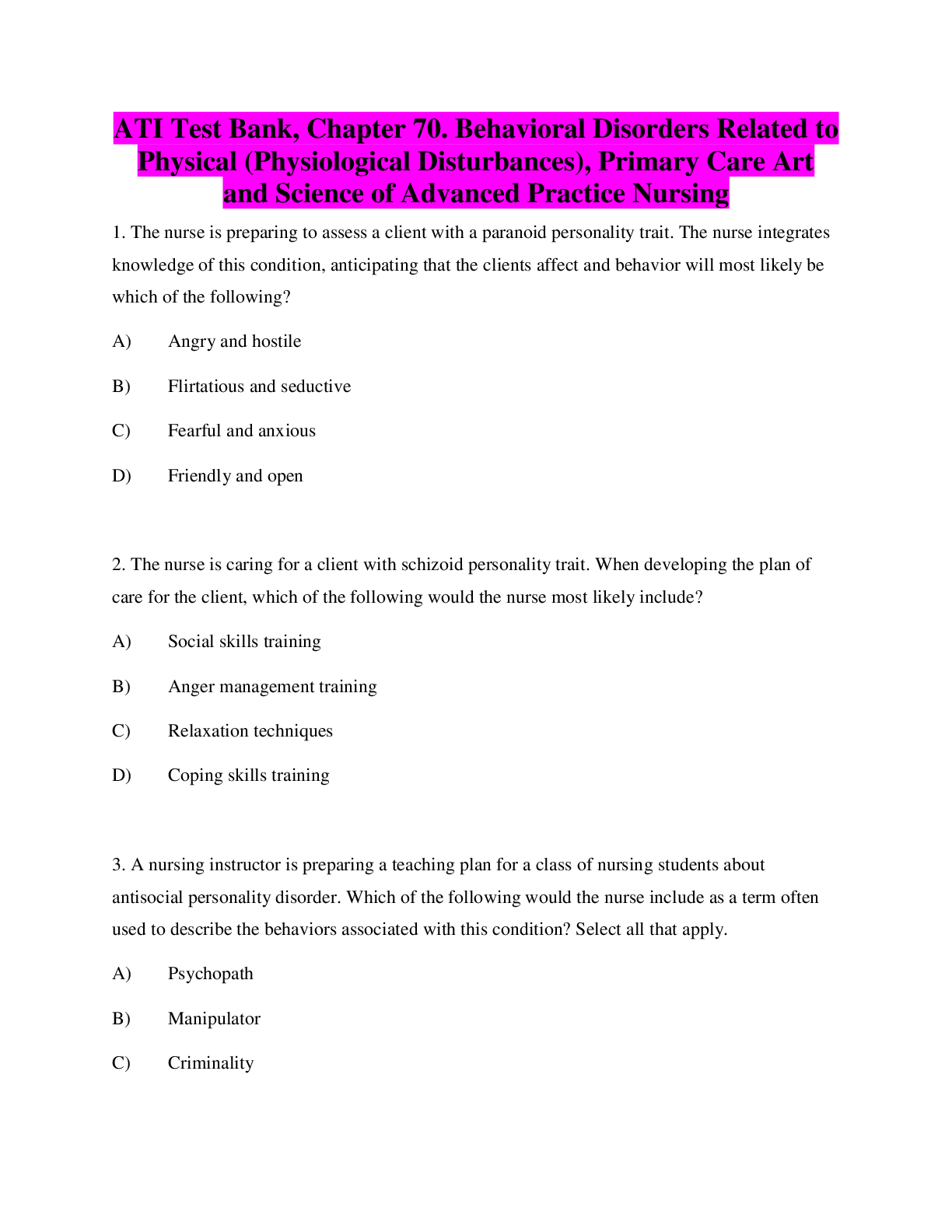 Preview image for ATI Test Bank, Chapter 70. Behavioral Disorders Related to Physical(Physiological Disturbances), Primary Care Art and Science of Advanced Practice Nursing